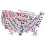 US map with municipal solid waste terms such as paper, bottles, cans